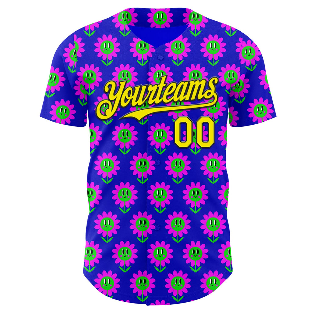 Custom Blue Light Yellow-Black Psychedelic Trippy Flower Authentic Baseball Jersey