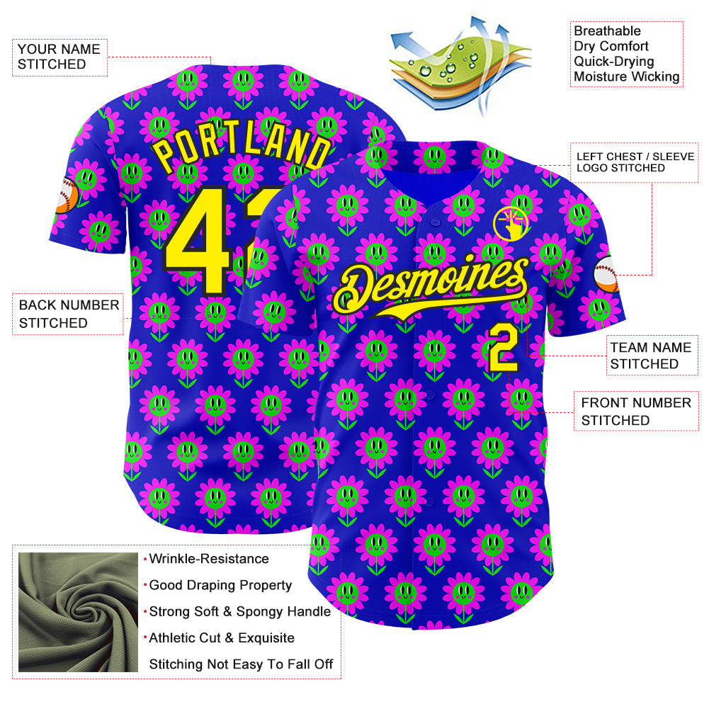 Custom Blue Light Yellow-Black Psychedelic Trippy Flower Authentic Baseball Jersey