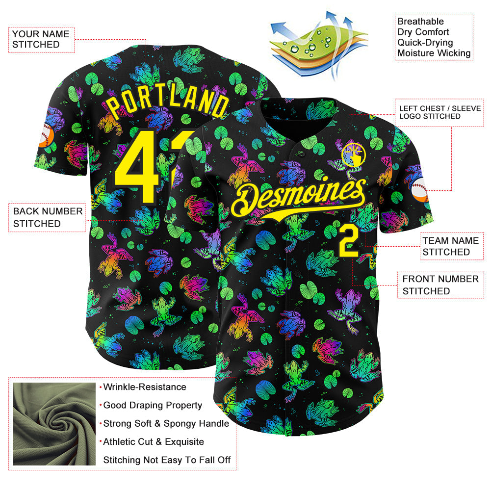 Custom Black-Light Yellow Psychedelic Trippy Frog Authentic Baseball Jersey