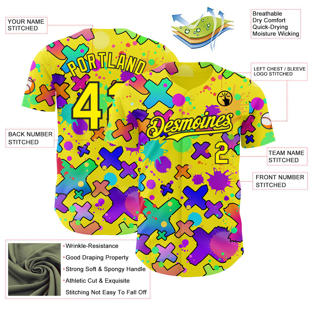 Custom Light Yellow-Black Psychedelic Trippy Graffiti Splatter Authentic Baseball Jersey