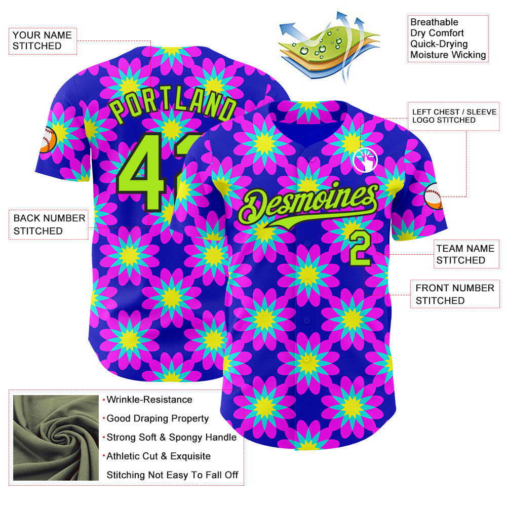 Custom Blue Neon Green-Black Psychedelic Trippy Flower Authentic Baseball Jersey