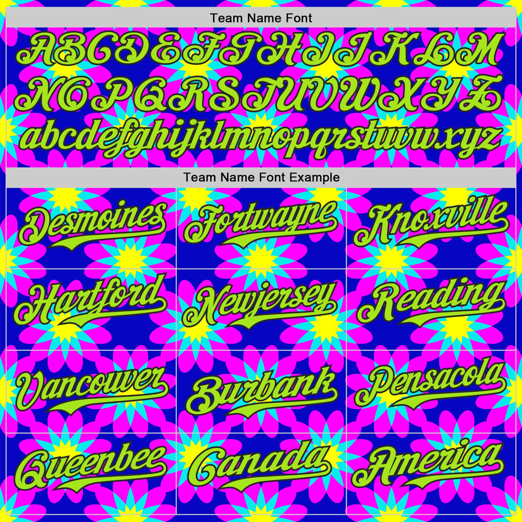 Custom Blue Neon Green-Black Psychedelic Trippy Flower Authentic Baseball Jersey