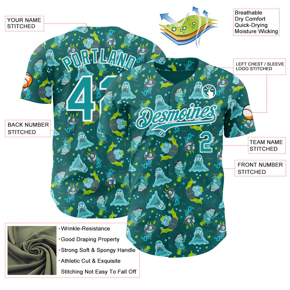 Custom Teal-White Psychedelic Trippy Monster Authentic Baseball Jersey