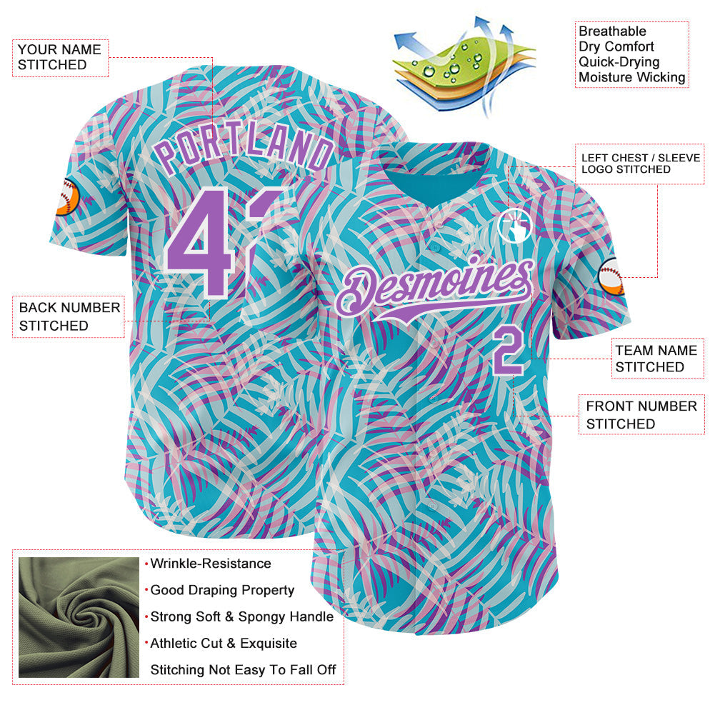 Custom Lakes Blue Medium Purple-White Psychedelic Trippy Tropical Leaves Authentic Baseball Jersey