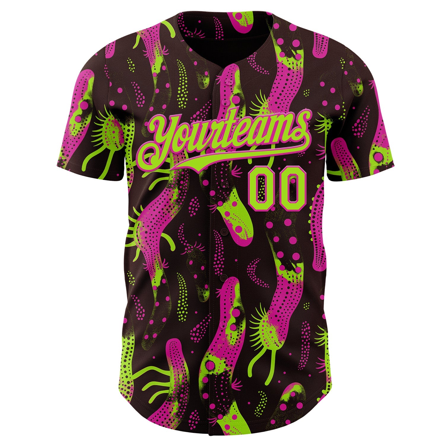Custom Brown Neon Green-Deep Pink Psychedelic Trippy Sea Life Authentic Baseball Jersey