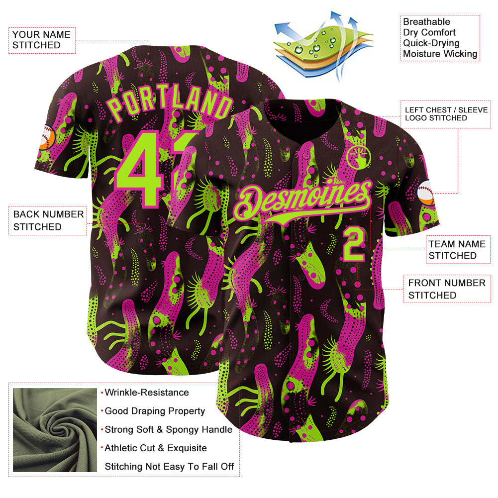 Custom Brown Neon Green-Deep Pink Psychedelic Trippy Sea Life Authentic Baseball Jersey