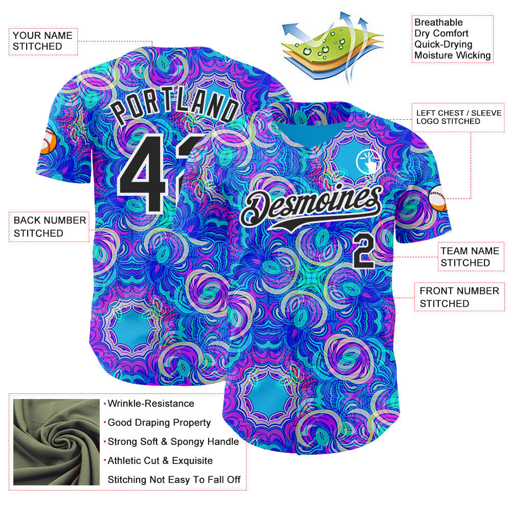 Custom Blue Black-White Psychedelic Trippy Neon Swirl Authentic Baseball Jersey