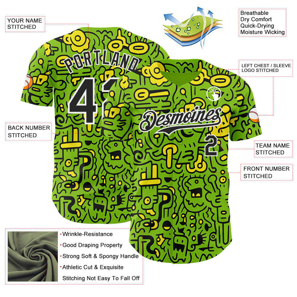 Custom Neon Green Black-White Psychedelic Trippy Neon Monster Authentic Baseball Jersey