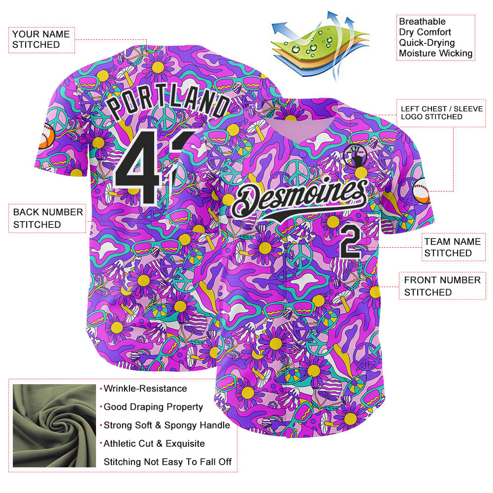Custom Purple Black-White Psychedelic Trippy Mushroom & Floral Authentic Baseball Jersey