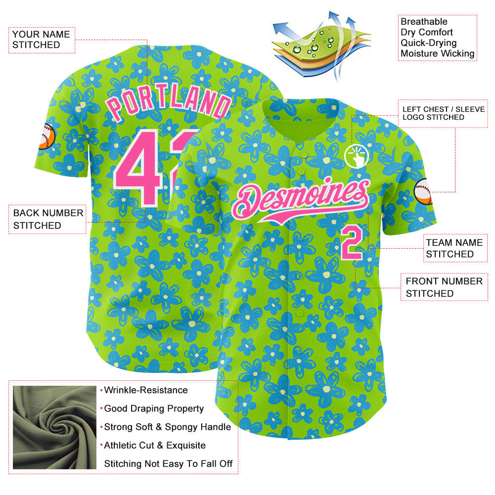 Custom Neon Green Pink-White Psychedelic Trippy Flower Authentic Baseball Jersey