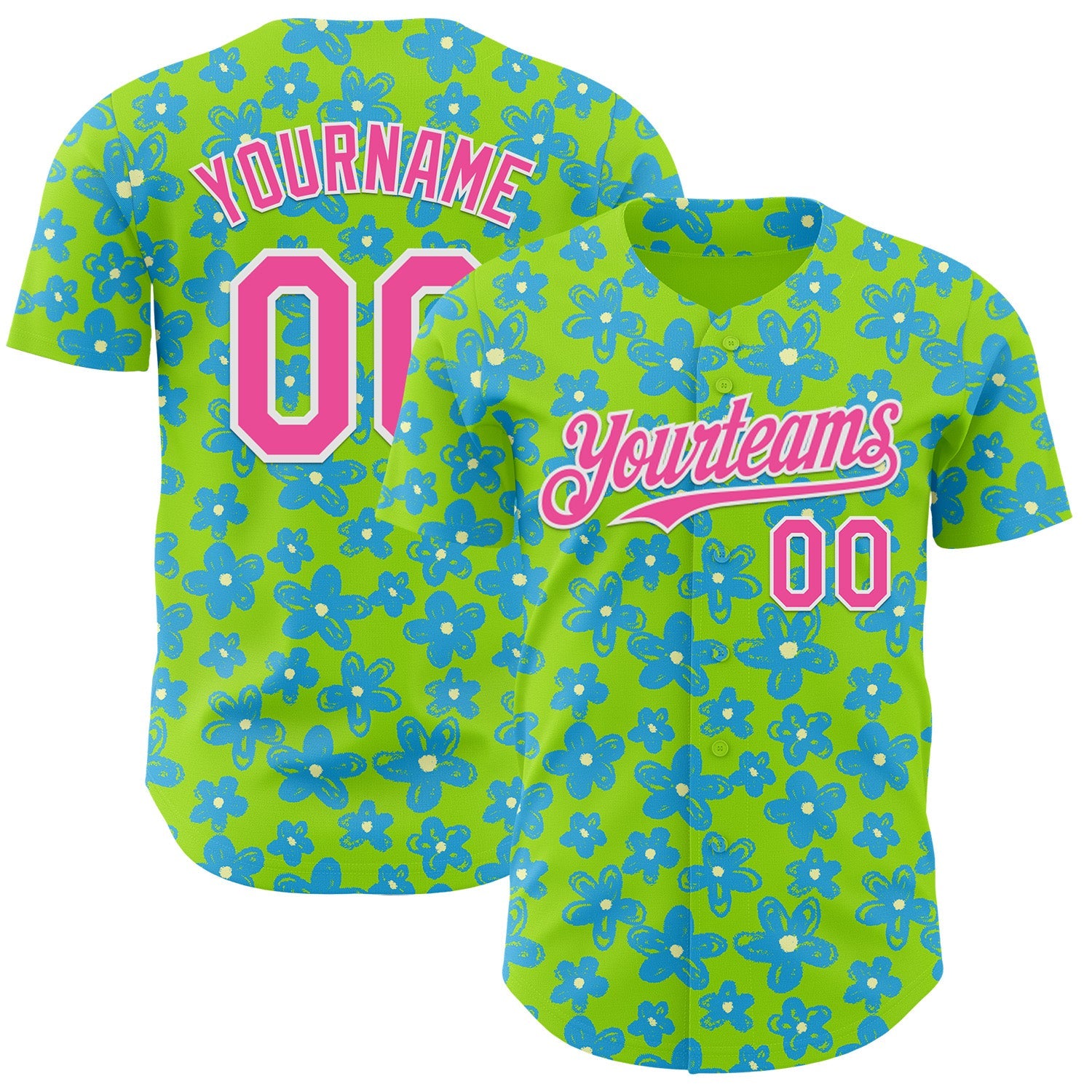 Custom Neon Green Pink-White Psychedelic Trippy Flower Authentic Baseball Jersey