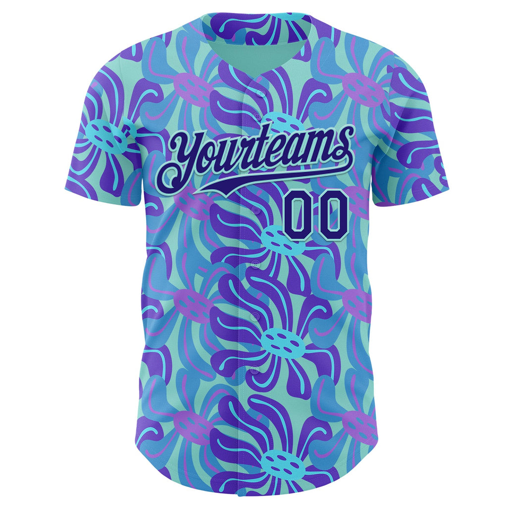 Custom Ice Blue-Dark Purple Psychedelic Trippy Flower Authentic Baseball Jersey