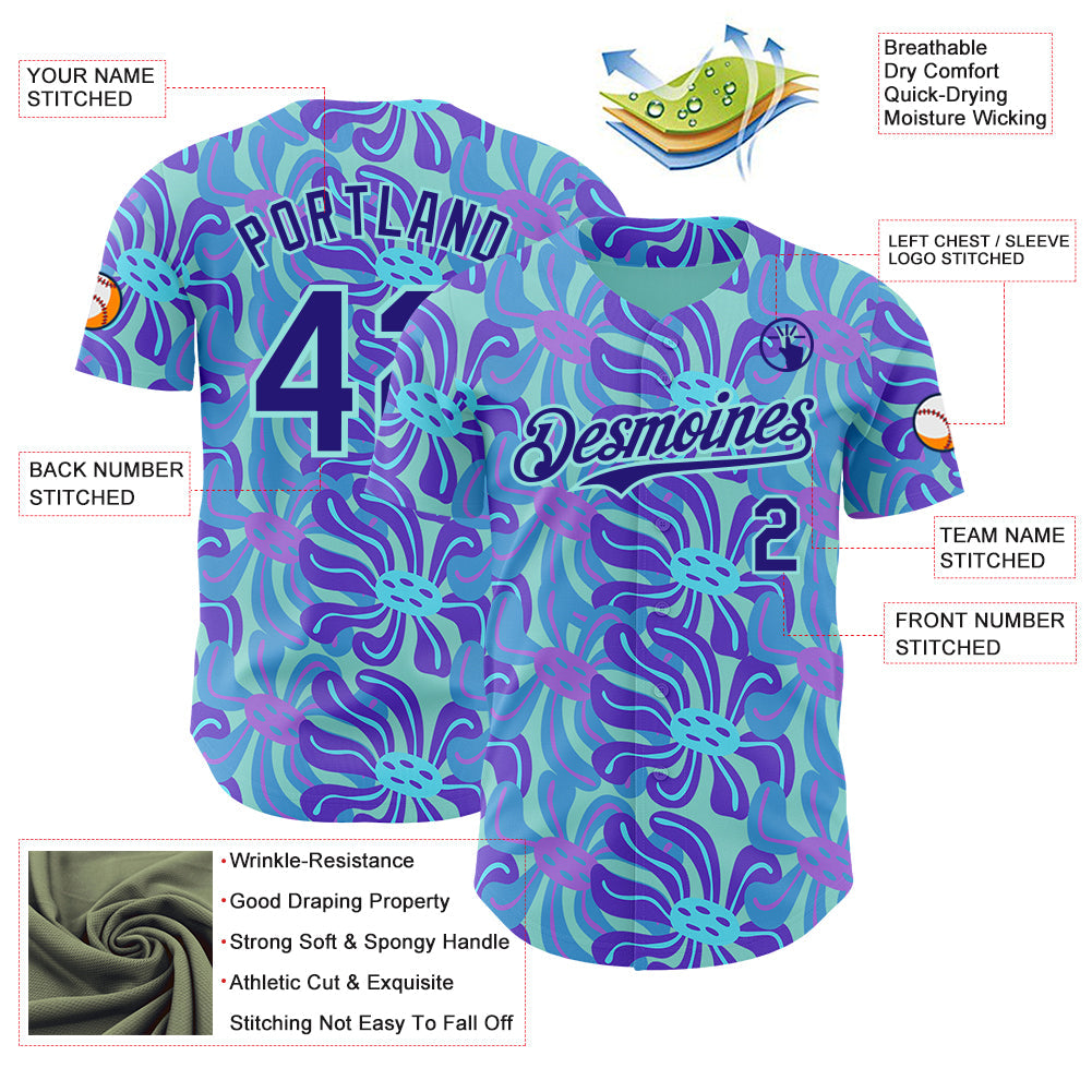 Custom Ice Blue-Dark Purple Psychedelic Trippy Flower Authentic Baseball Jersey
