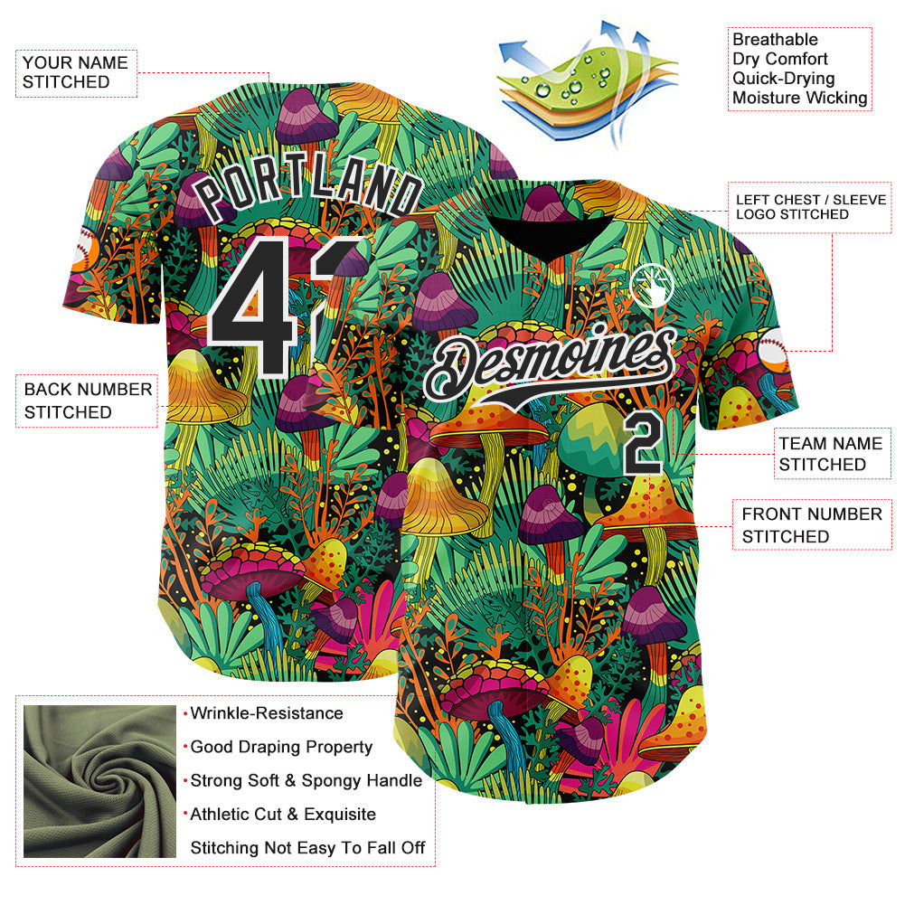 Custom Green Black-White Trippy Trippy Magic Mushroom Authentic Baseball Jersey