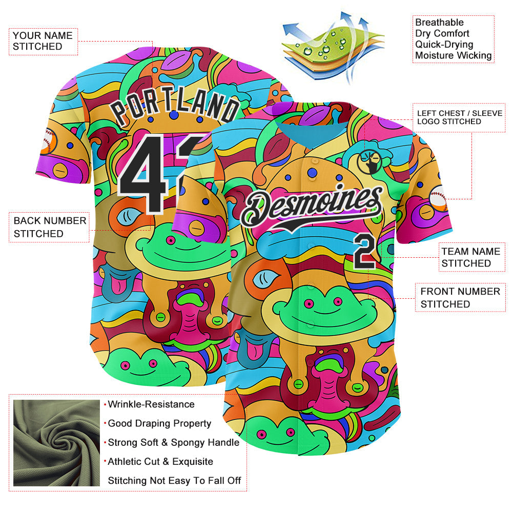 Custom Green Black-White Psychedelic Trippy Doodle Cartoon Authentic Baseball Jersey