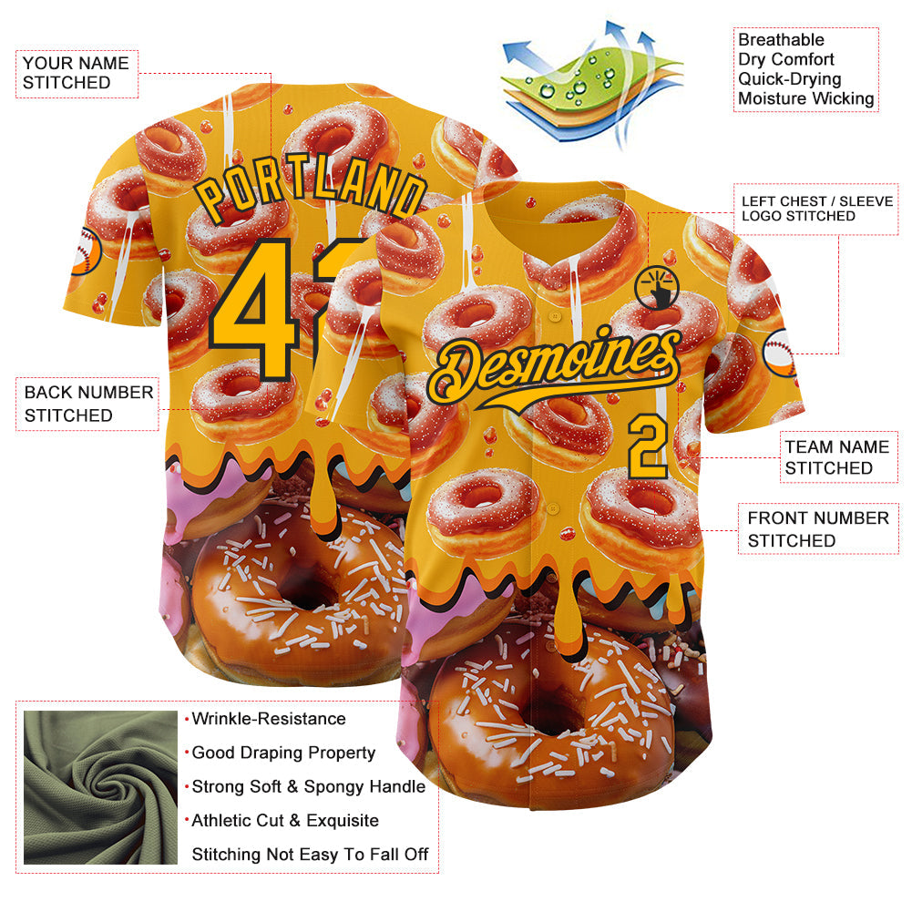 Custom Gold-Black Ice Cream Donut Foodie Dessert Authentic Baseball Jersey