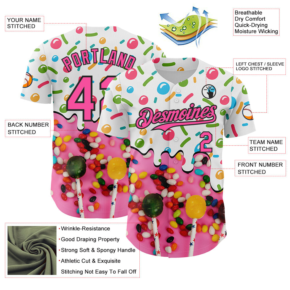 Custom White Pink-Black Ice Cream Candy Lollipops Sweet Sugar Authentic Baseball Jersey