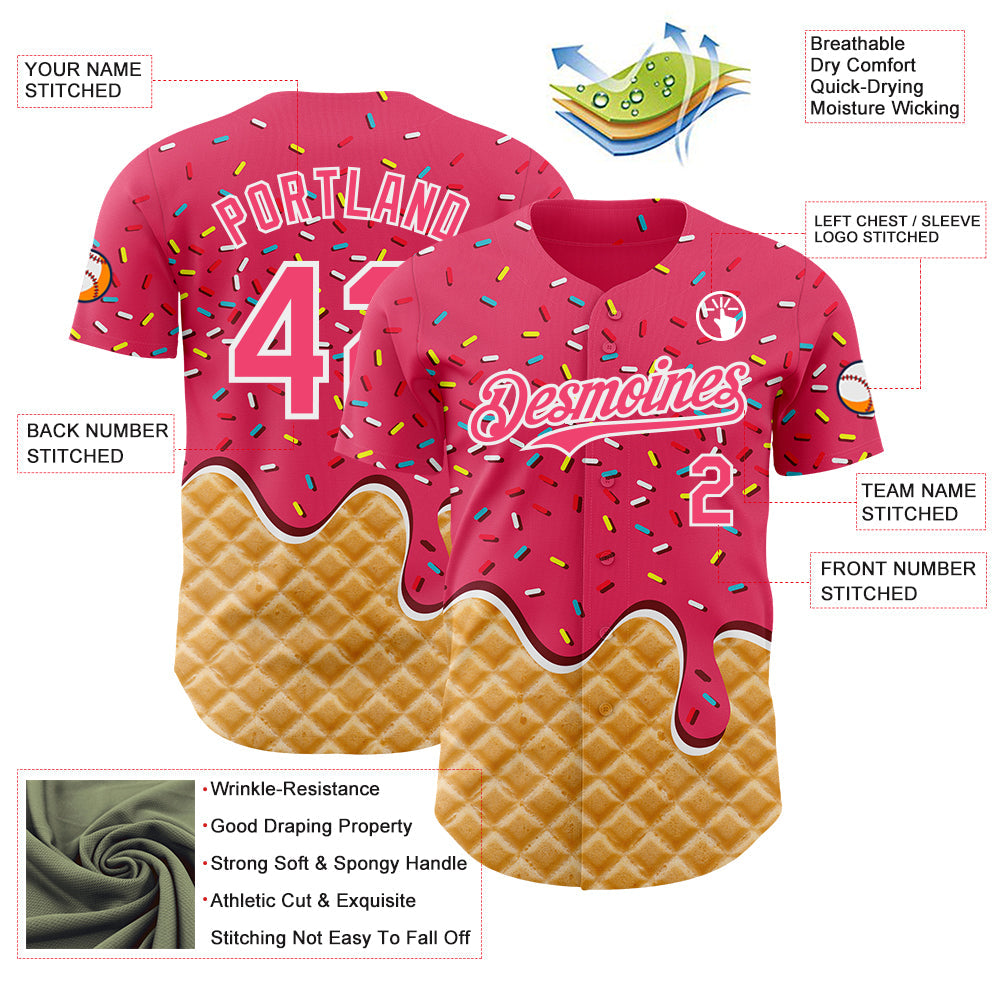 Custom Neon Pink-White Ice Cream Waffle Foodie Dessert Authentic Baseball Jersey
