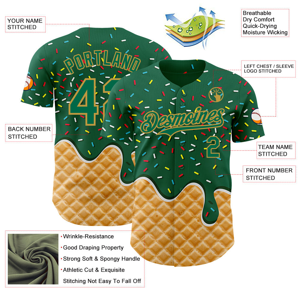 Custom Kelly Green-Old Gold Ice Cream Waffle Foodie Dessert Authentic Baseball Jersey