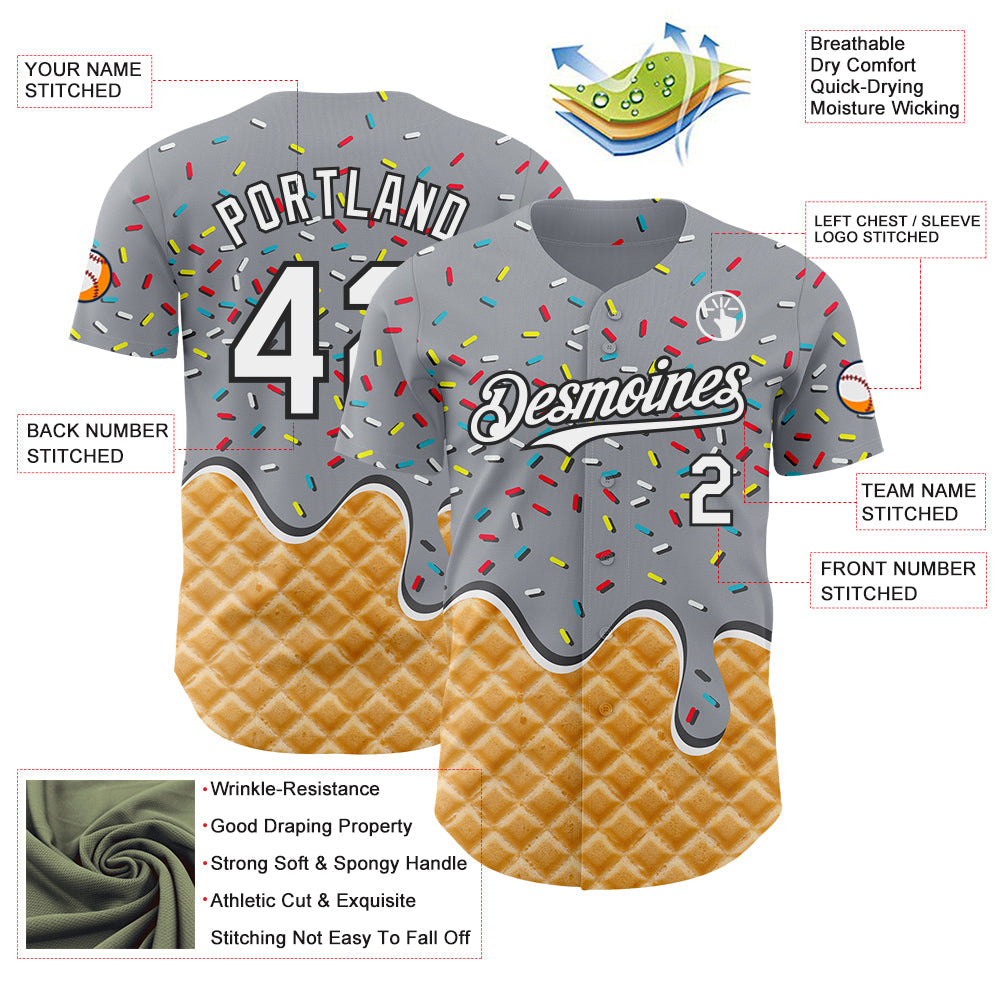 Custom Gray White-Black Ice Cream Waffle Foodie Dessert Authentic Baseball Jersey