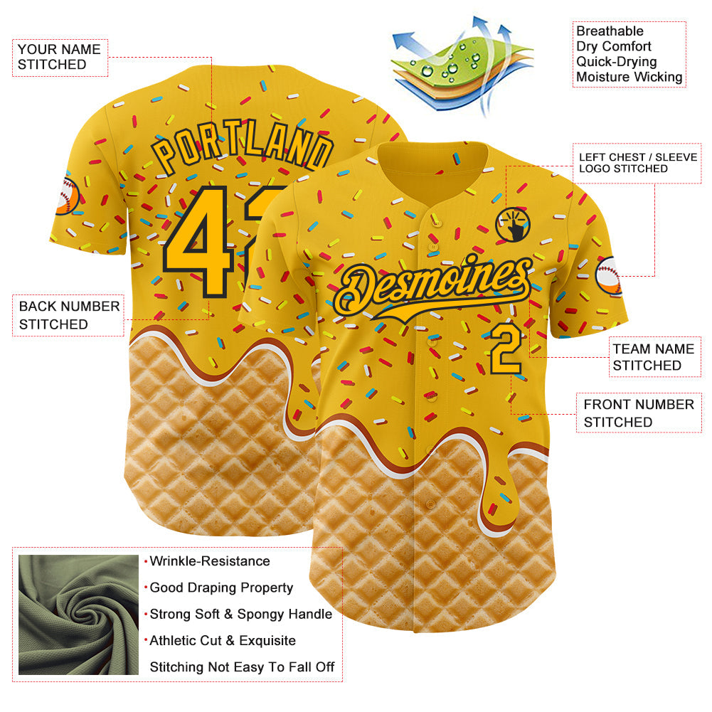 Custom Gold-Black Ice Cream Waffle Foodie Dessert Authentic Baseball Jersey