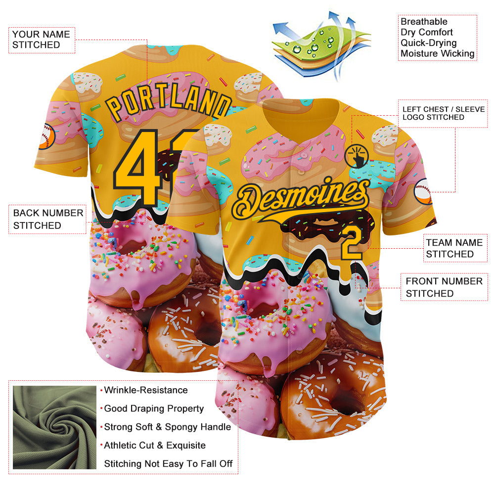 Custom Gold-Black Ice Cream Donut Foodie Dessert Authentic Baseball Jersey