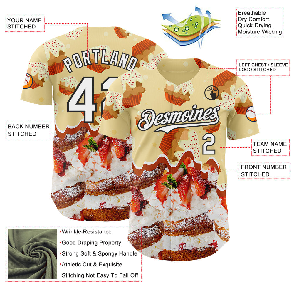 Custom Light Yellow White-Black Ice Cream Cake Foodie Dessert Authentic Baseball Jersey