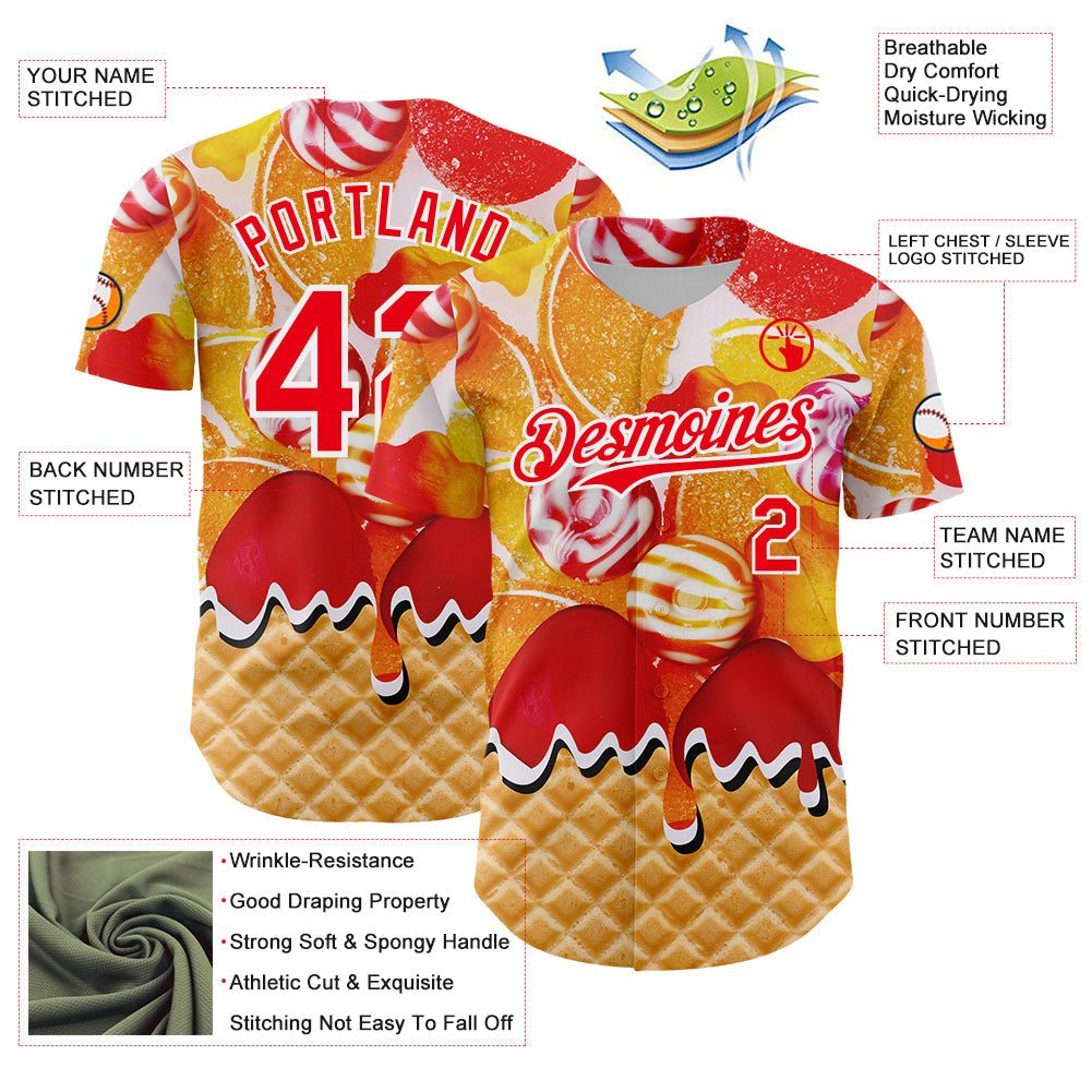 Custom Gold Fire Red-White Candy Ice Cream Waffle Sweet Sugar Authentic Baseball Jersey