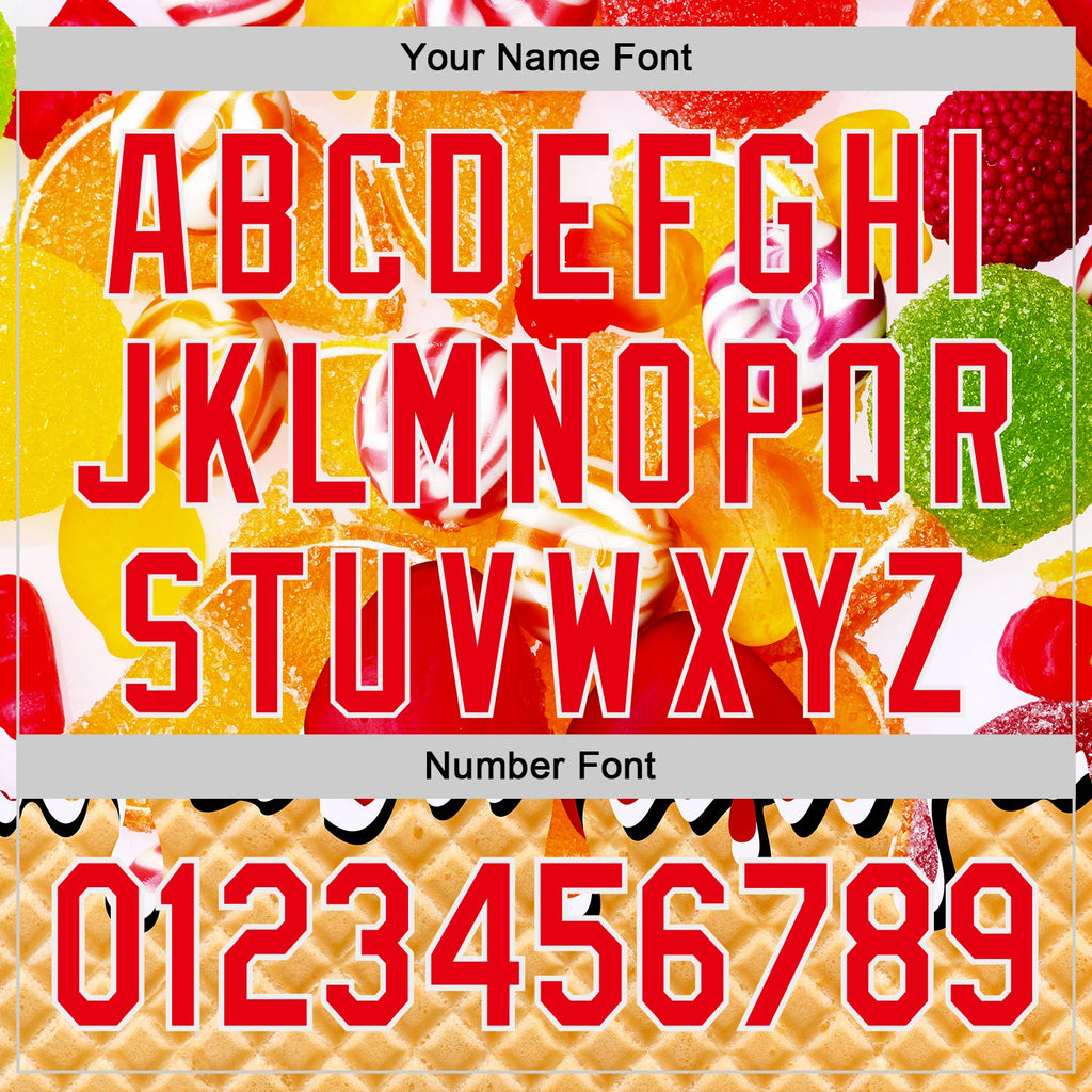 Custom Gold Fire Red-White Candy Ice Cream Waffle Sweet Sugar Authentic Baseball Jersey