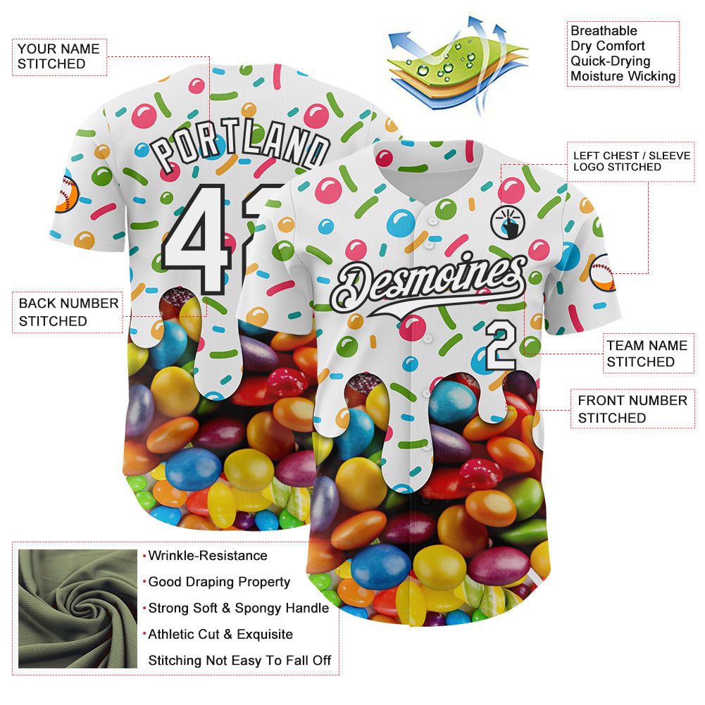 Custom White-Black Candy Ice Cream Sweet Sugar Authentic Baseball Jersey