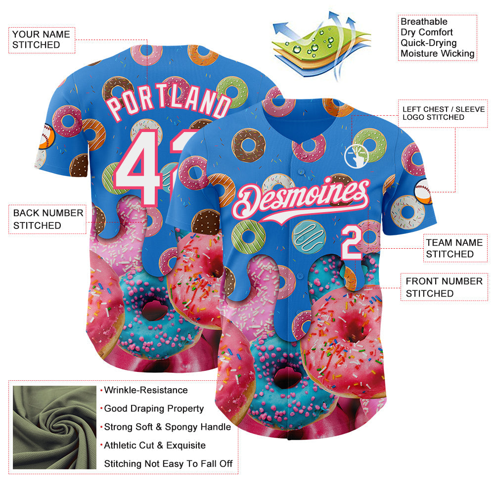 Custom Electric Blue White-Neon Pink Ice Cream Donut Foodie Dessert Authentic Baseball Jersey