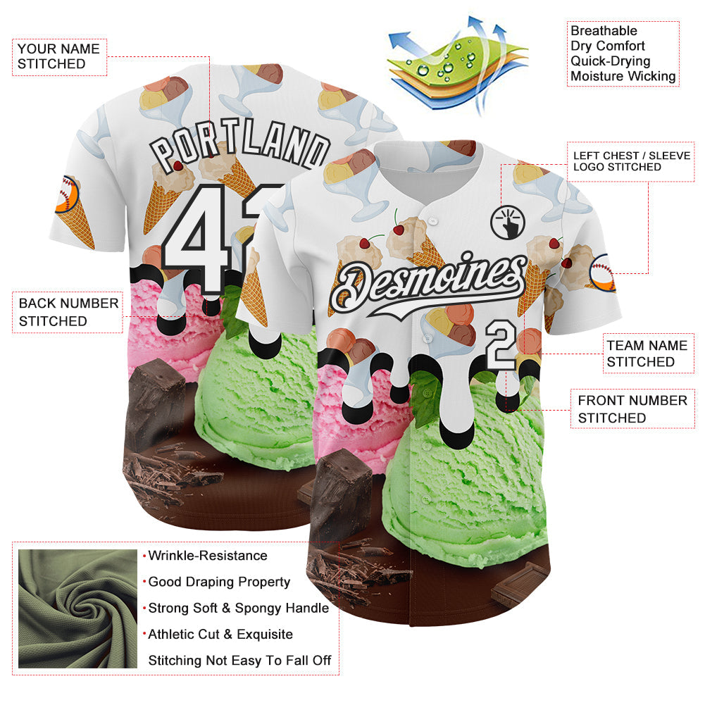 Custom White-Black Ice Cream Foodie Dessert Authentic Baseball Jersey