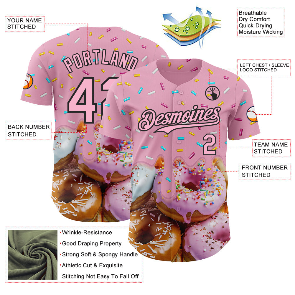 Custom Light Pink-Black Ice Cream Donut  Foodie Dessert Authentic Baseball Jersey