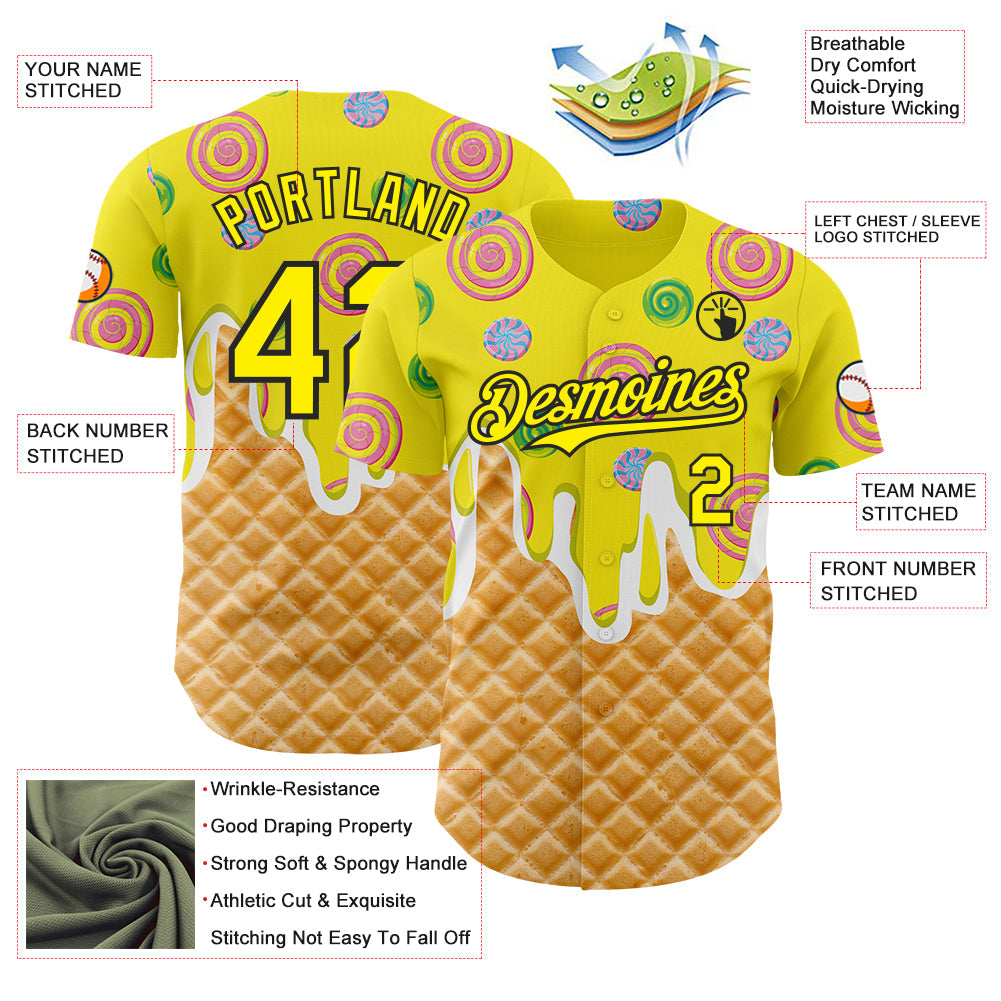 Custom Light Yellow-Black Ice Cream Waffle Donut  Foodie Dessert Authentic Baseball Jersey