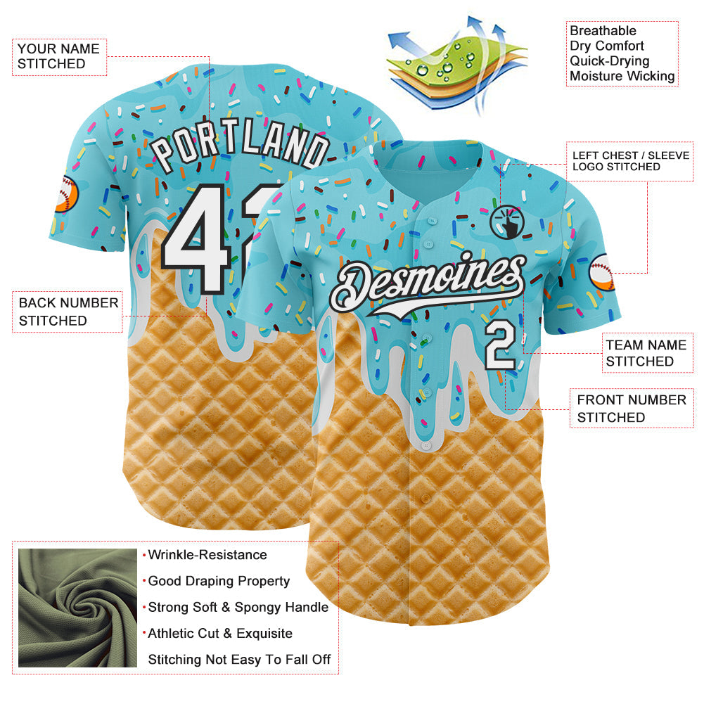 Custom Sky Blue White-Black Ice Cream Waffle Foodie Dessert Authentic Baseball Jersey