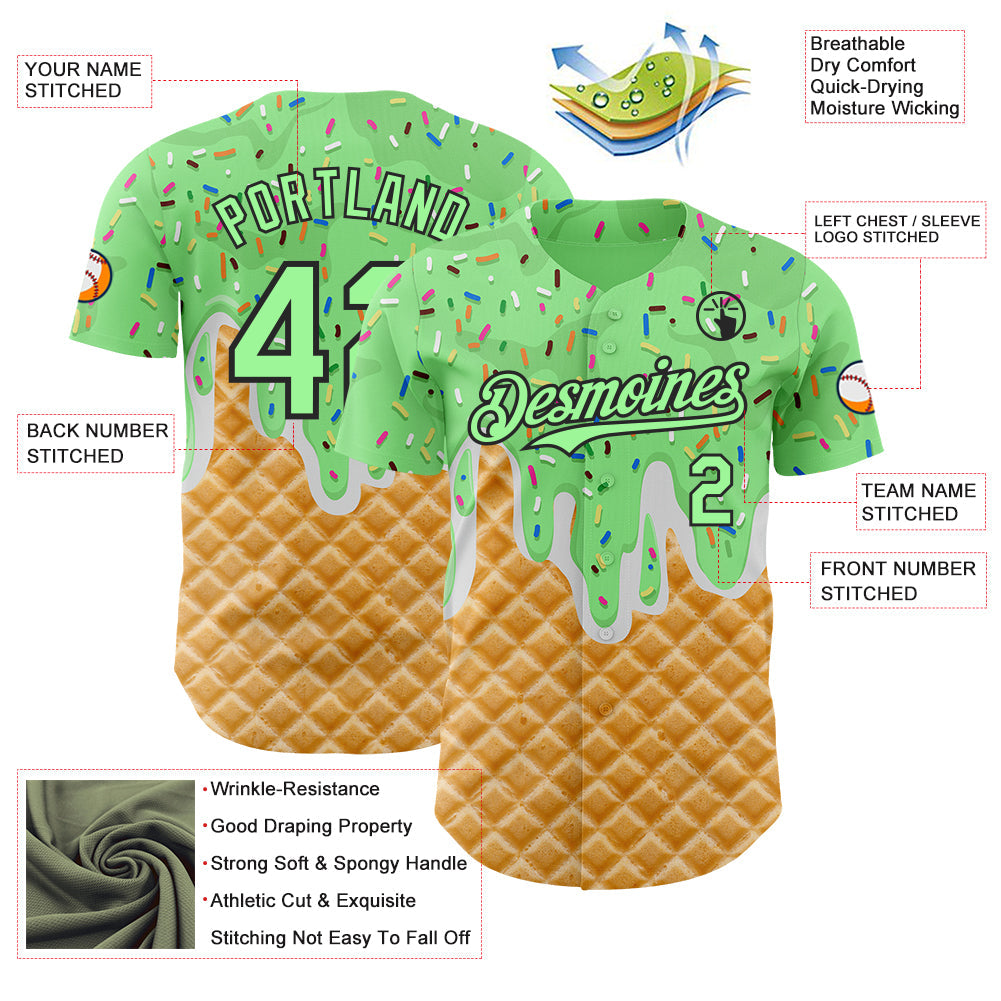 Custom Pea Green-Black Ice Cream Waffle Foodie Dessert Authentic Baseball Jersey