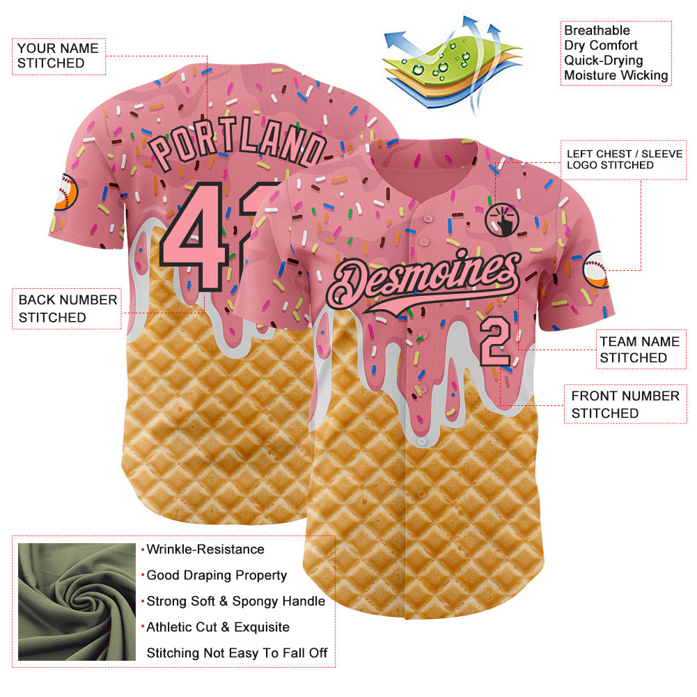 Custom Medium Pink-Black Ice Cream Waffle Foodie Dessert Authentic Baseball Jersey