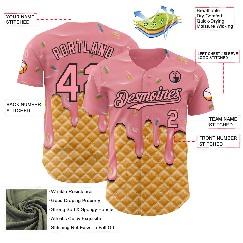 Custom Medium Pink-Black Ice Cream Waffle Foodie Dessert Authentic Baseball Jersey
