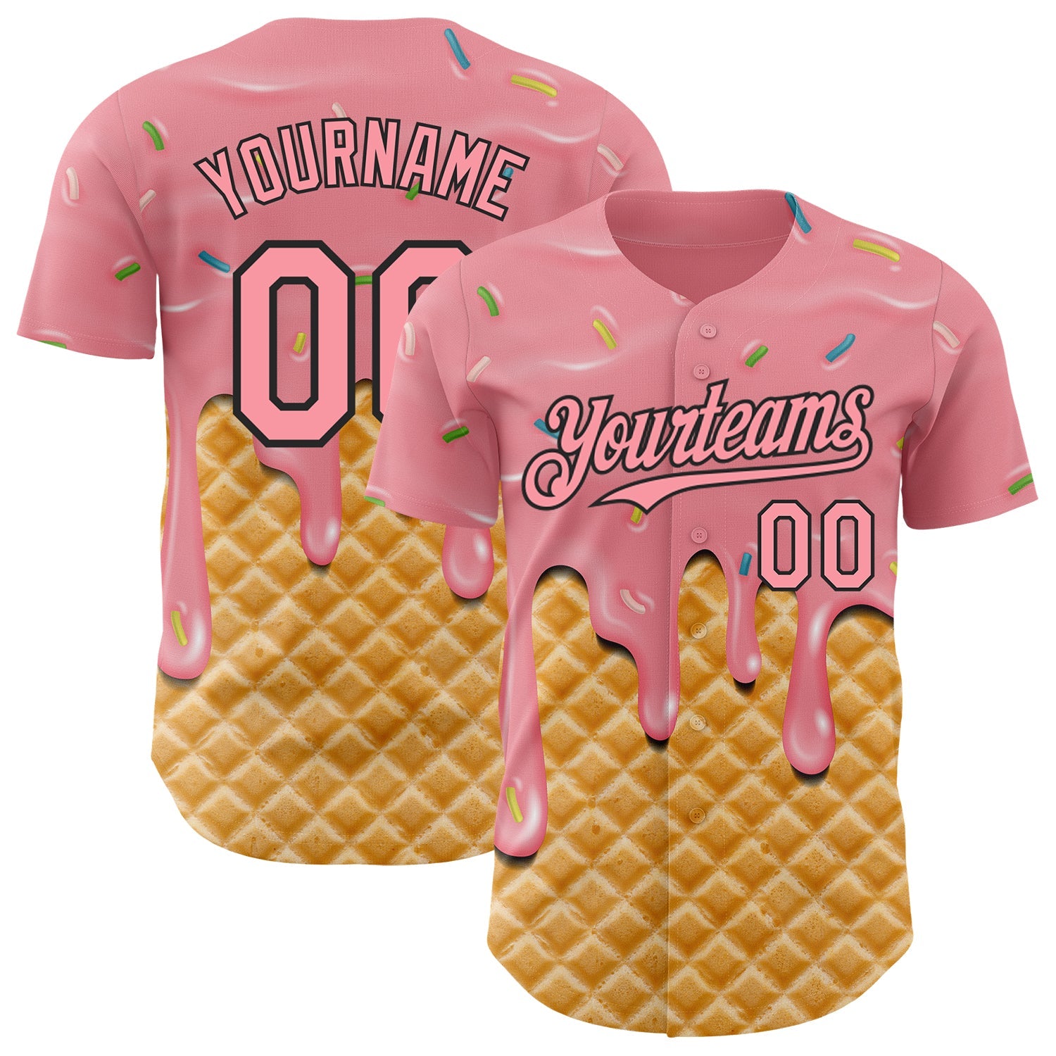 Custom Medium Pink-Black Ice Cream Waffle Foodie Dessert Authentic Baseball Jersey
