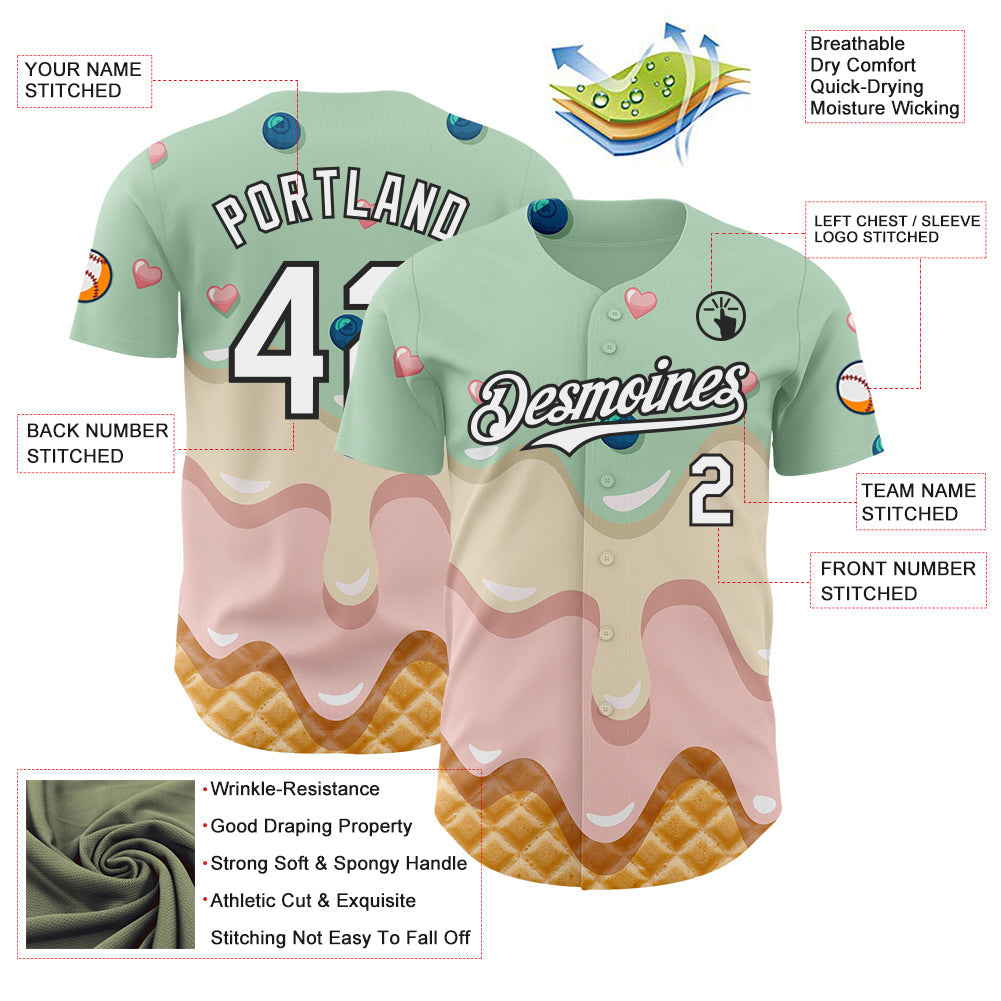 Custom Pea Green White-Black Ice Cream Waffle Foodie Dessert Authentic Baseball Jersey