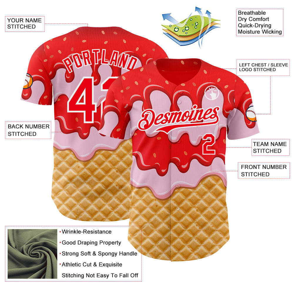 Custom Fire Red-White Ice Cream Waffle Foodie Dessert Authentic Baseball Jersey