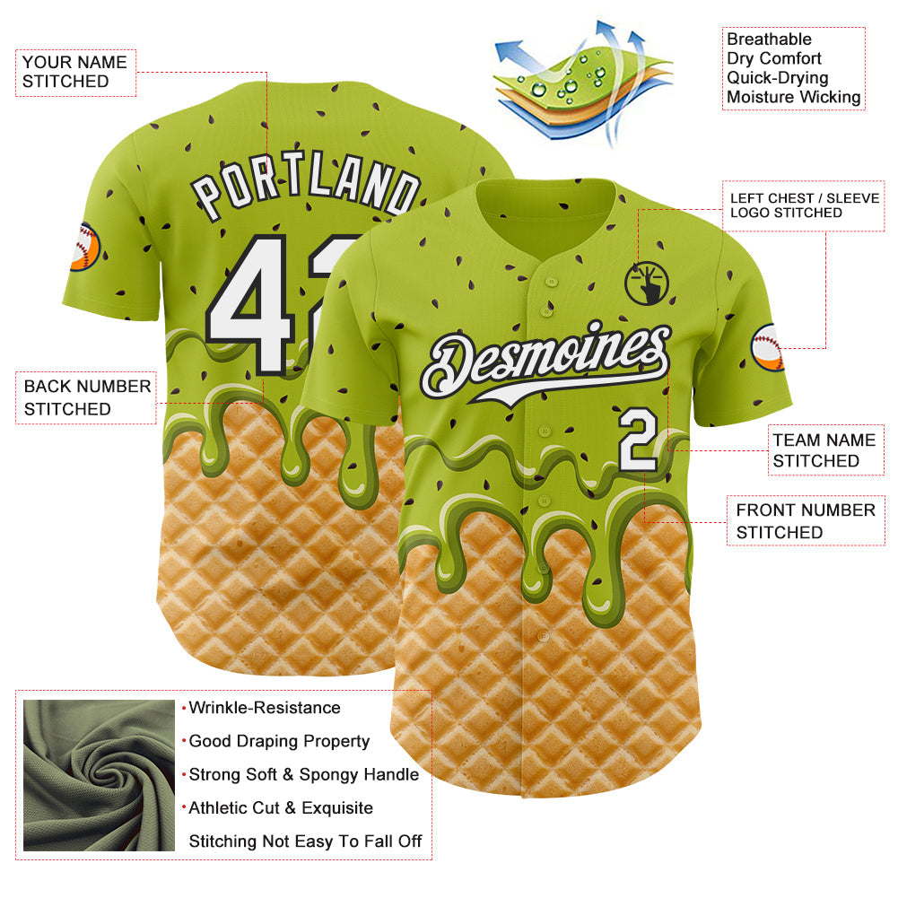 Custom Neon Green White-Black Ice Cream Waffle Foodie Dessert Authentic Baseball Jersey