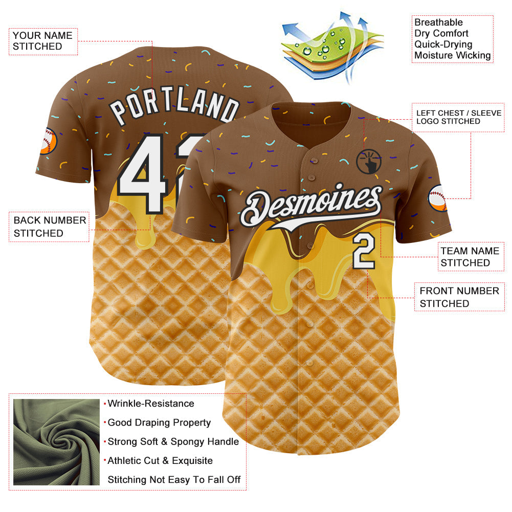 Custom Brown White-Black Ice Cream Waffle Foodie Dessert Authentic Baseball Jersey