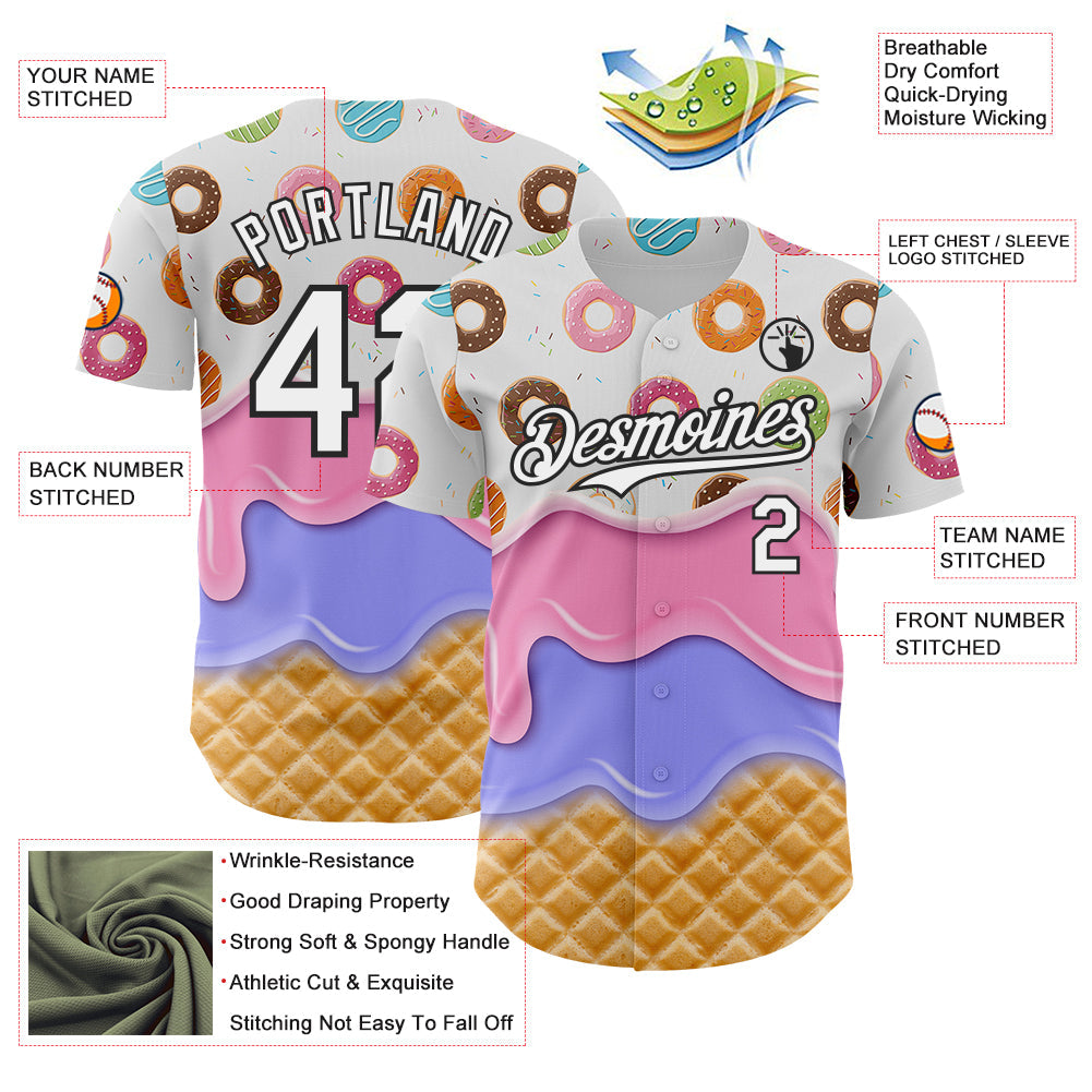 Custom White-Black Ice Cream Waffle Donut Foodie Dessert Authentic Baseball Jersey