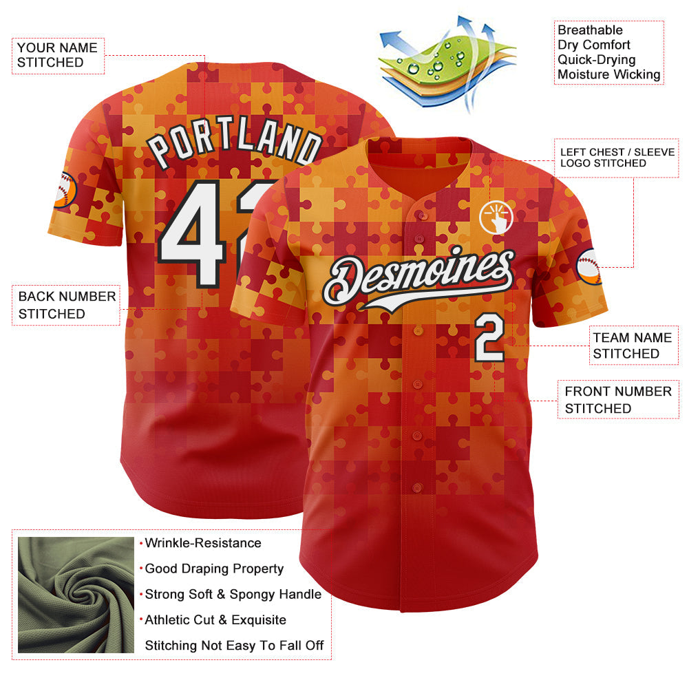 Custom Orange White-Black Puzzle 3D Pattern Design Authentic Baseball Jersey