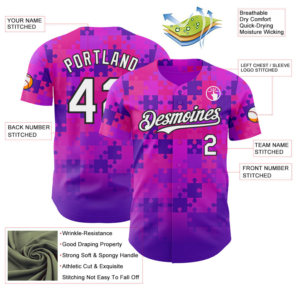 Custom Purple White-Black Puzzle 3D Pattern Design Authentic Baseball Jersey