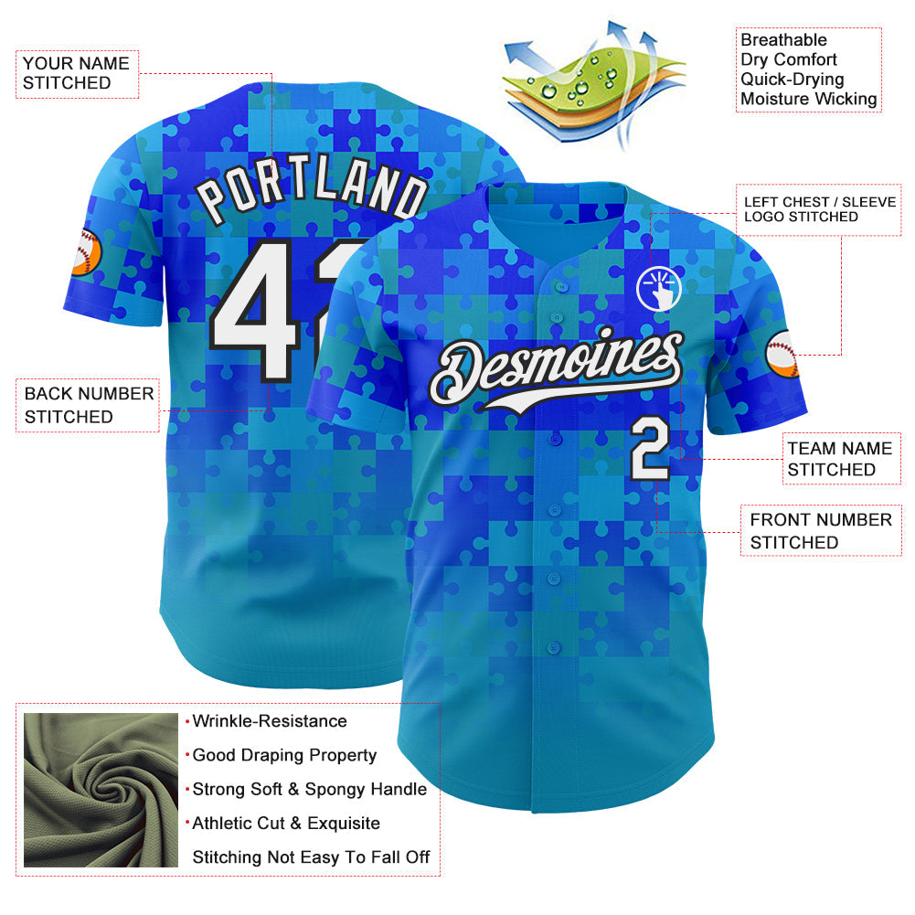 Custom Blue White-Black Puzzle 3D Pattern Design Authentic Baseball Jersey