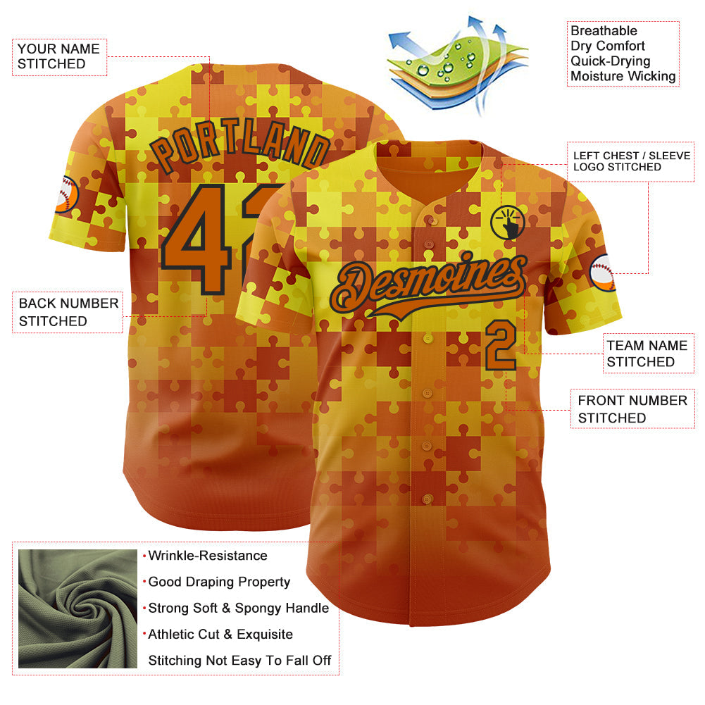 Custom Orange White Gold-Black Puzzle 3D Pattern Design Authentic Baseball Jersey