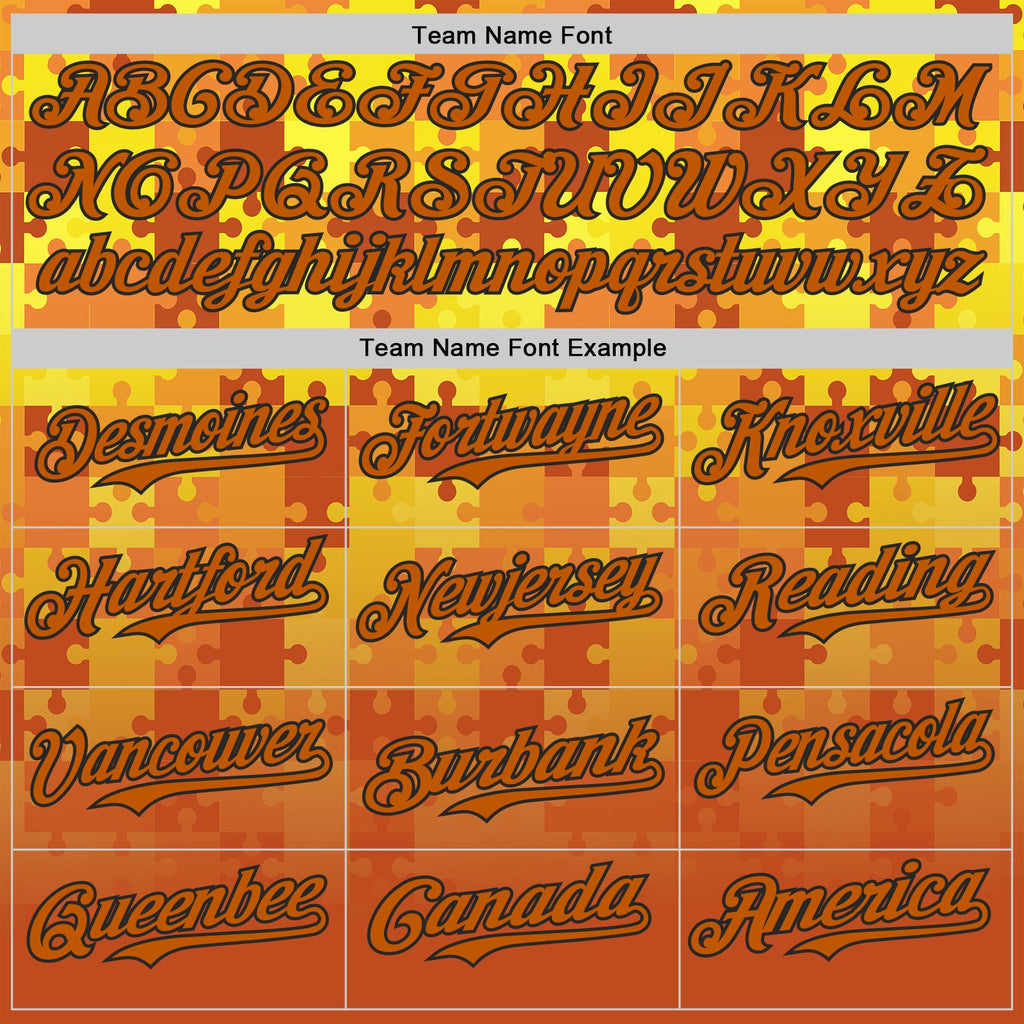 Custom Orange White Gold-Black Puzzle 3D Pattern Design Authentic Baseball Jersey
