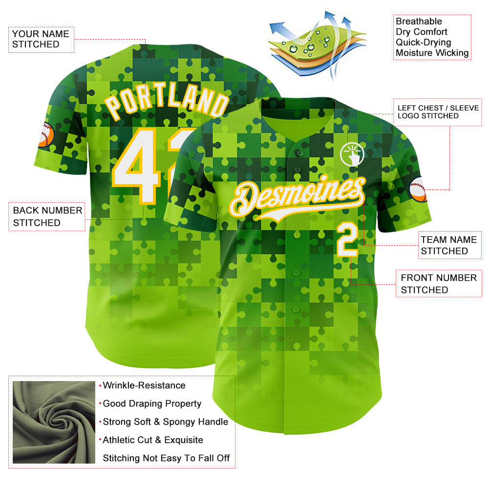 Custom Green White-Yellow Puzzle 3D Pattern Design Authentic Baseball Jersey